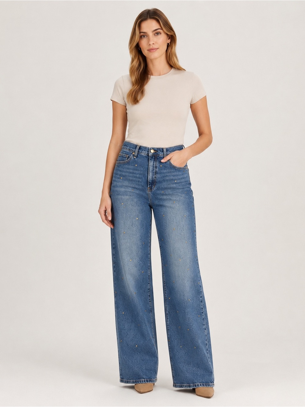 Jessica Simpson Zinnia Jeans Size 8 Wide Leg Boyfriend Studded Blue Denim